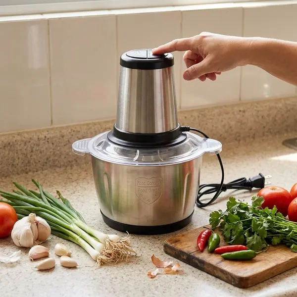 Mano presionando el botón de la Picadora Eléctrica 2L en una cocina